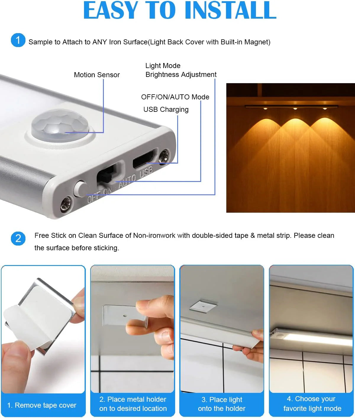 LED PIR Motion Sensor Cabinet  With USB Rechargeble